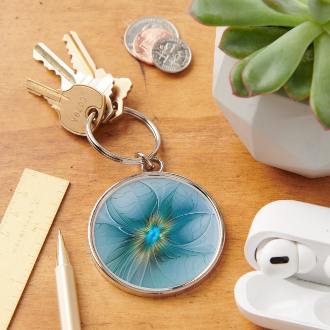Little Beauty Modern Blue Gold Fractal Art Flower Key Ring (Desk)