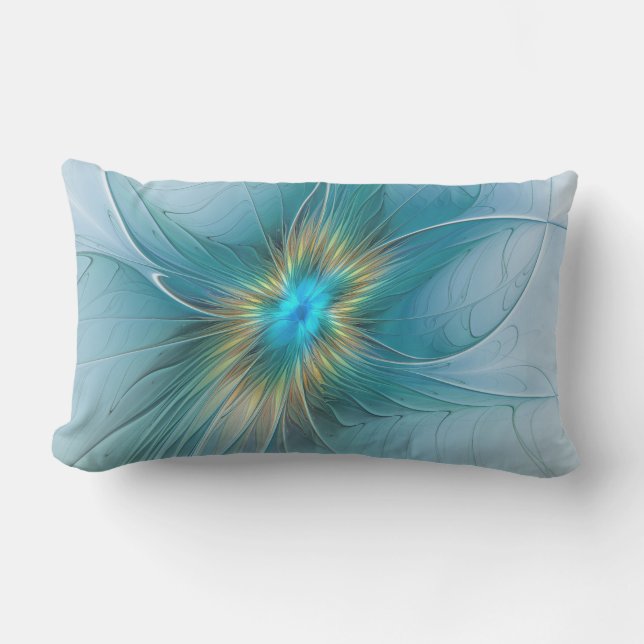 Little Beauty Modern Blue Gold Fractal Art Flower Lumbar Cushion (Front)