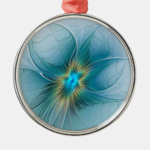 Little Beauty Modern Blue Gold Fractal Art Flower Metal Ornament