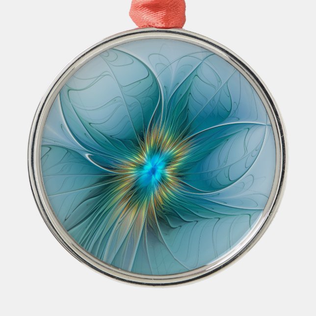 Little Beauty Modern Blue Gold Fractal Art Flower Metal Ornament (Front)