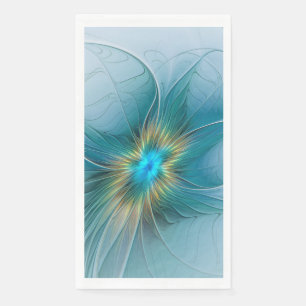 Little Beauty Modern Blue Gold Fractal Art Flower Napkin