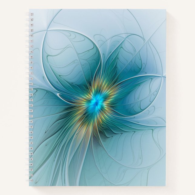 Little Beauty Modern Blue Gold Fractal Art Flower Notebook (Front)