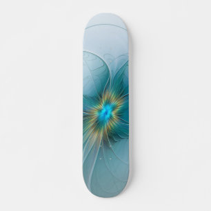 Little Beauty Modern Blue Gold Fractal Art Flower Skateboard