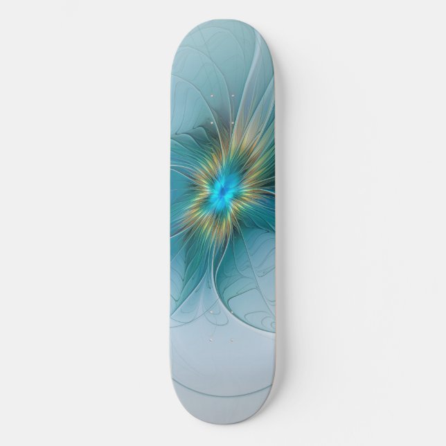 Little Beauty Modern Blue Gold Fractal Art Flower Skateboard (Front)
