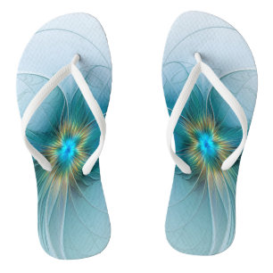Little Beauty Modern Blue Gold Fractal Art Flower Thongs