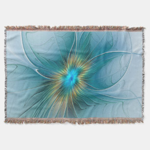 Little Beauty Modern Blue Gold Fractal Art Flower Throw Blanket