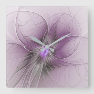 Little Beauty Modern Mauve Gray Fractal Art Flower Square Wall Clock