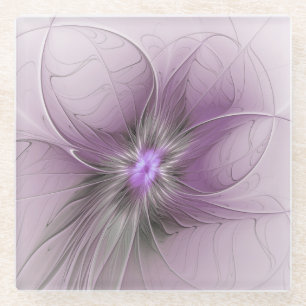 Little Beauty Modern Mauve Grey Fractal Art Flower Glass Coaster
