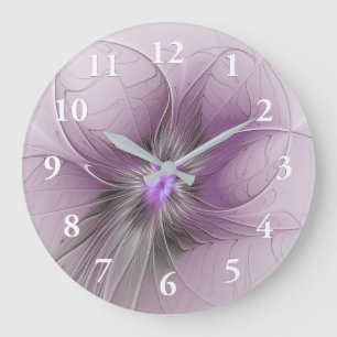 Little Beauty Modern Mauve Grey Fractal Art Flower Large Clock