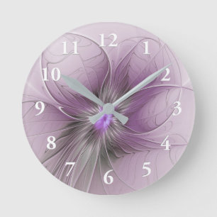 Little Beauty Modern Mauve Grey Fractal Art Flower Round Clock