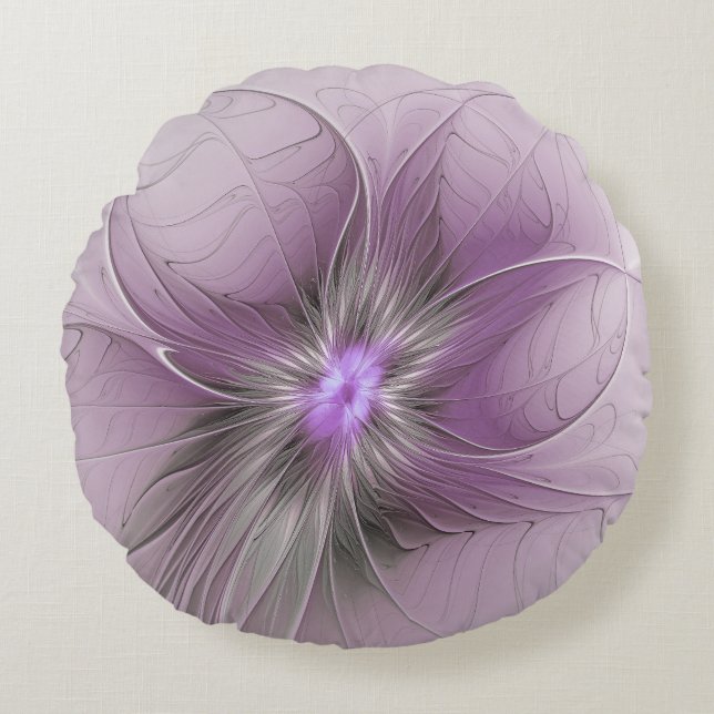 Little Beauty Modern Mauve Grey Fractal Art Flower Round Cushion (Front)