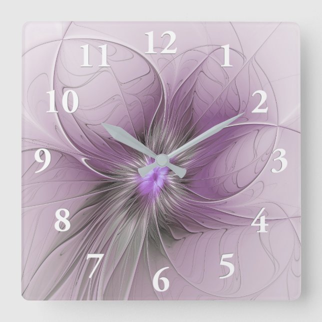 Little Beauty Modern Mauve Grey Fractal Art Flower Square Wall Clock (Front)