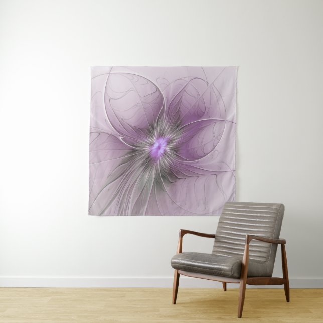 Little Beauty Modern Mauve Grey Fractal Art Flower Tapestry (In Situ)