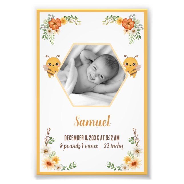 Little Bee Baby Birth Stats Photo Print (Front)