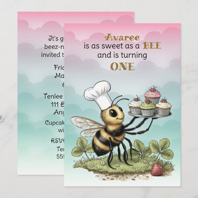 Little Bee Baby Girl First Birthday Invitation (Front/Back)