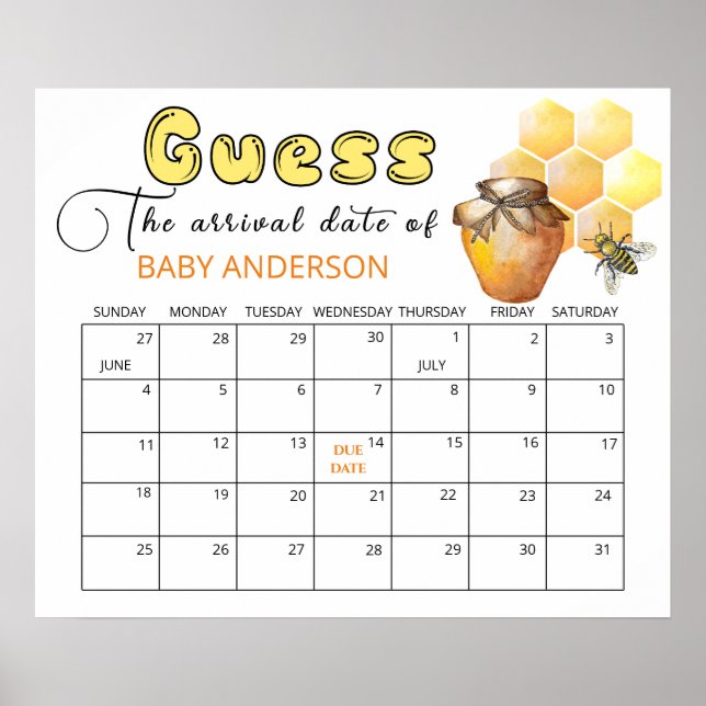 Little Bee Baby Shower Guess Due Date Calendar Poster (Front)