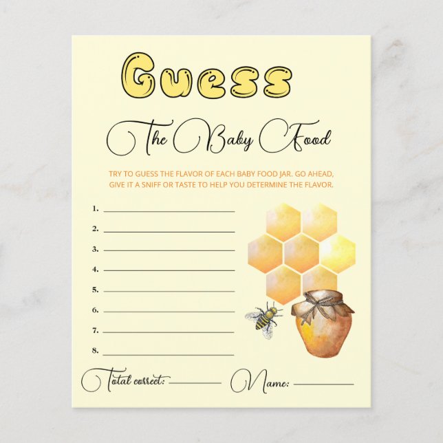 Little Bee Baby Shower Guess the Baby Food Card. (Front)