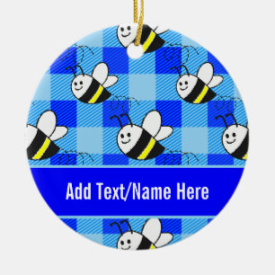 Little Bee Blue Plaid Pattern Custom Name Ceramic Ornament