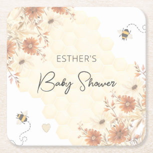 Little Bee Honey Boho Wildflower Baby Shower Square Paper Coaster