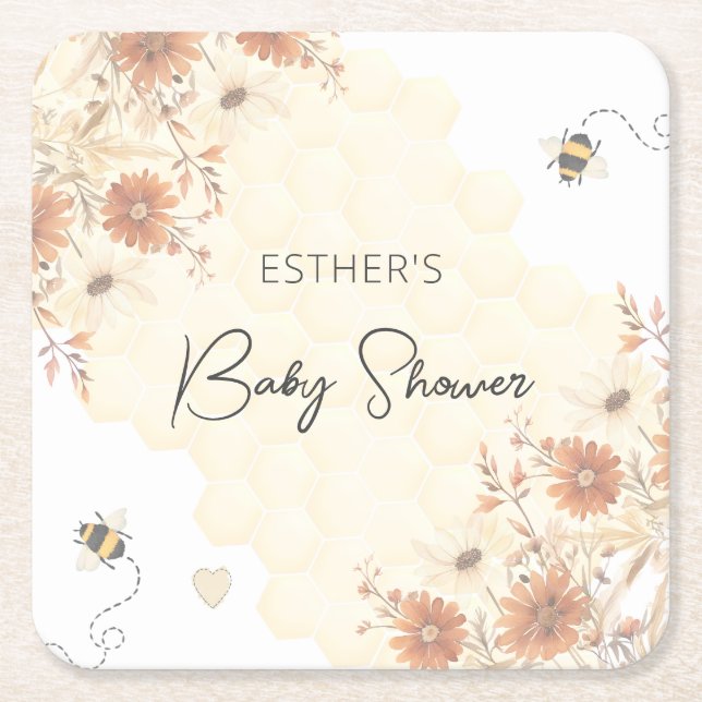 Little Bee Honey Boho Wildflower Baby Shower Square Paper Coaster (Front)