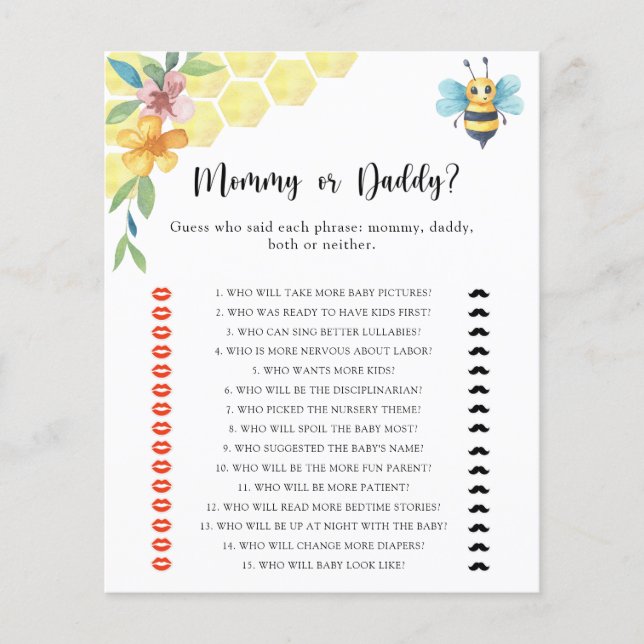 Little Bee - mummy or daddy baby shower game (Front)