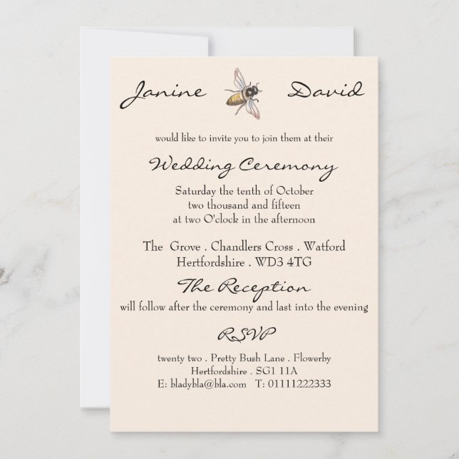Little Bee Rustic Wedding Invitation (Front)