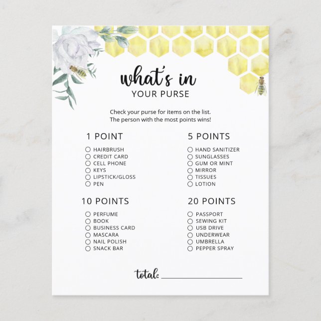 Little bee whats in your purse baby shower game (Front)