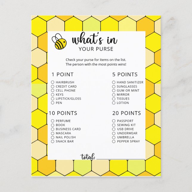 Little bee whats in your purse baby shower game (Front)