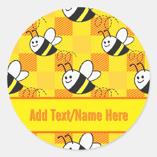 Little Bee Yellow and Orange Plaid Custom Name Classic Round Sticker (Front)
