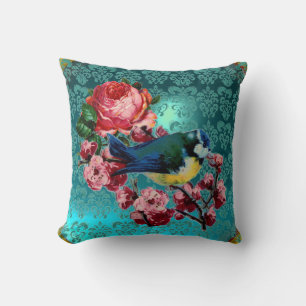 LITTLE BIRD AND PINK ROSES AQUA BLUE,TEAL DAMASK CUSHION