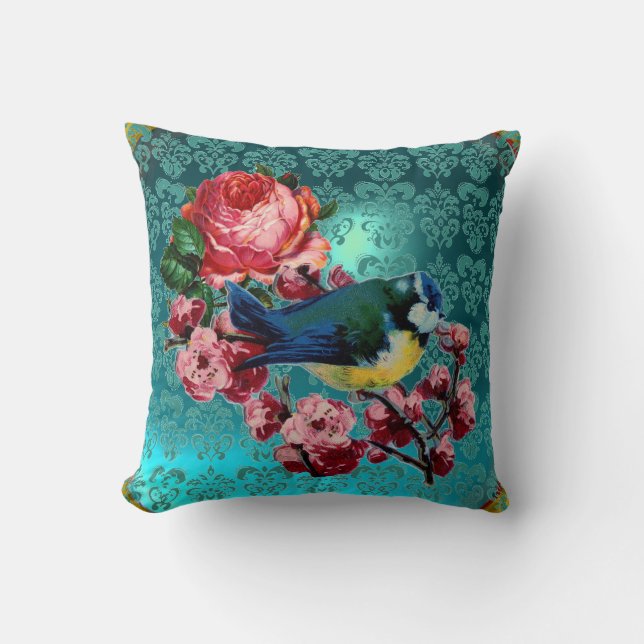 LITTLE BIRD AND PINK ROSES AQUA BLUE,TEAL DAMASK CUSHION (Front)