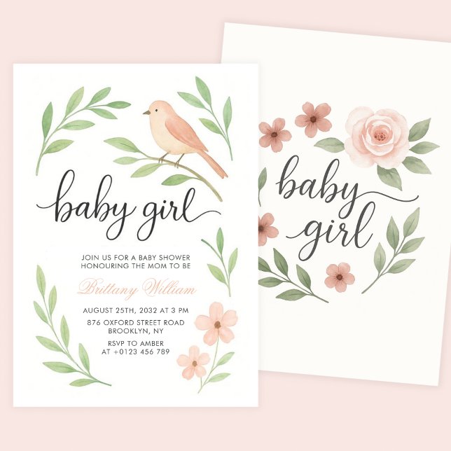 Little Bird Baby Shower Pink Baby Girl Invitation (Creator Uploaded)