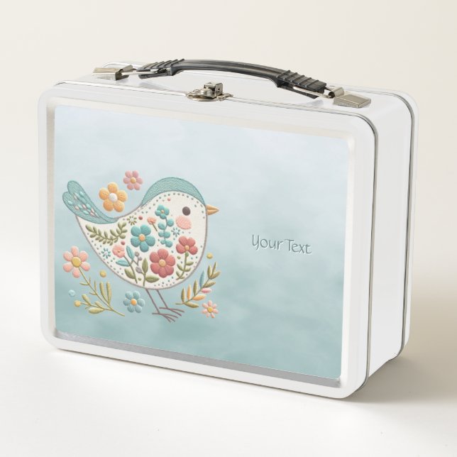 Little Bird Blue Pink Flowers Metal Lunch Box (Front)