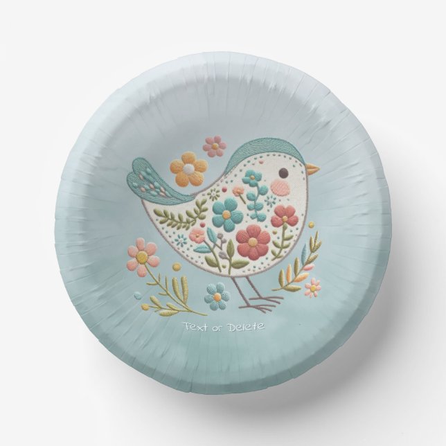 Little Bird Blue Pink Flowers Paper Bowl Plate (Front)