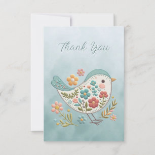Little Bird Blue Pink Flowers Thank You Card