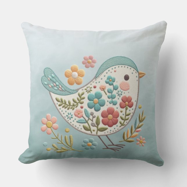 Little Bird Blue Pink Flowers Throw Pillow (Front)