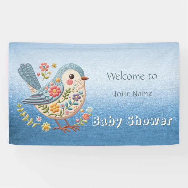 Little Bird Floral Blue Baby Shower Banner (Horizontal)