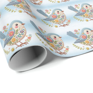 Little Bird Floral Blue Wrapping Paper