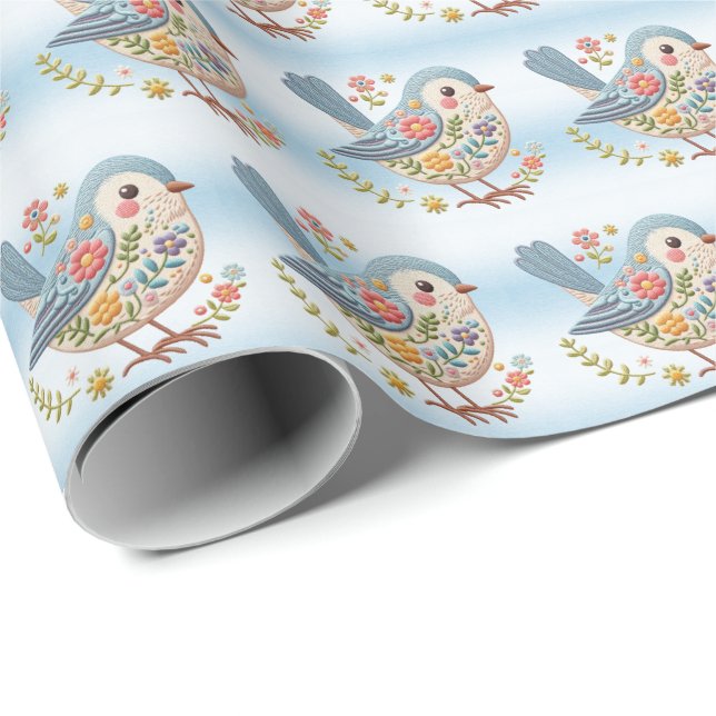 Little Bird Floral Blue Wrapping Paper (Roll Corner)