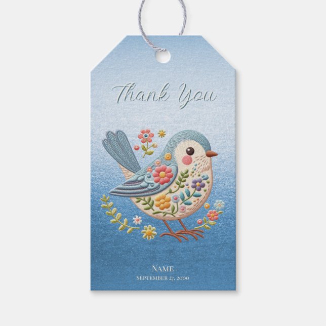 Little Bird Floral Embroidery Blue Gift Tag (Front)