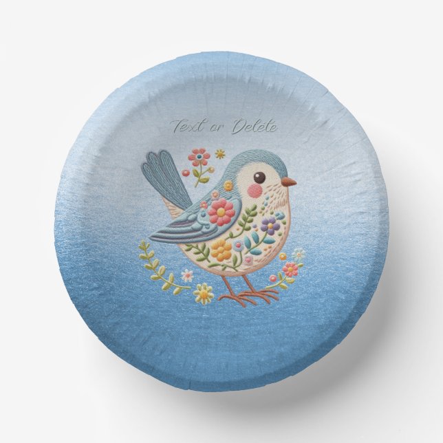 Little Bird Floral Embroidery Blue Paper Bowl Plate (Front)