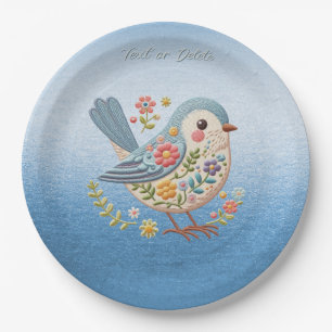 Little Bird Floral Embroidery Blue Paper Plate