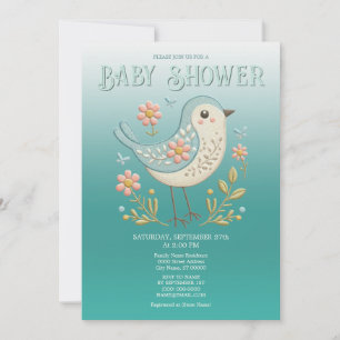 Little Bird Floral Embroidery Green Baby Shower Invitation