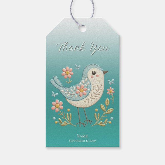 Little Bird Floral Embroidery Green Gift Tag (Front)