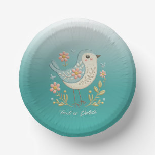 Little Bird Floral Embroidery Green Paper Bowl Plate