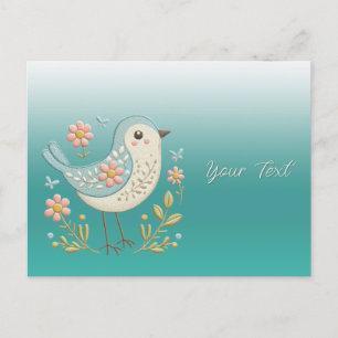 Little Bird Floral Embroidery Green Postcard