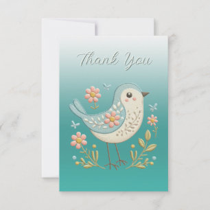 Little Bird Floral Embroidery Green Thank You Card