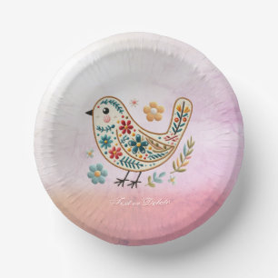 Little Bird Floral Embroidery Pink Paper Bowl Plate