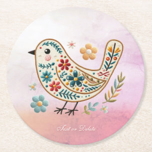 Little Bird Floral Embroidery Pink Paper Coaster