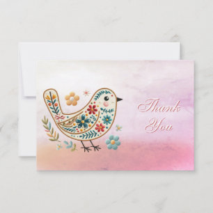 Little Bird Floral Embroidery Pink Thank You Card